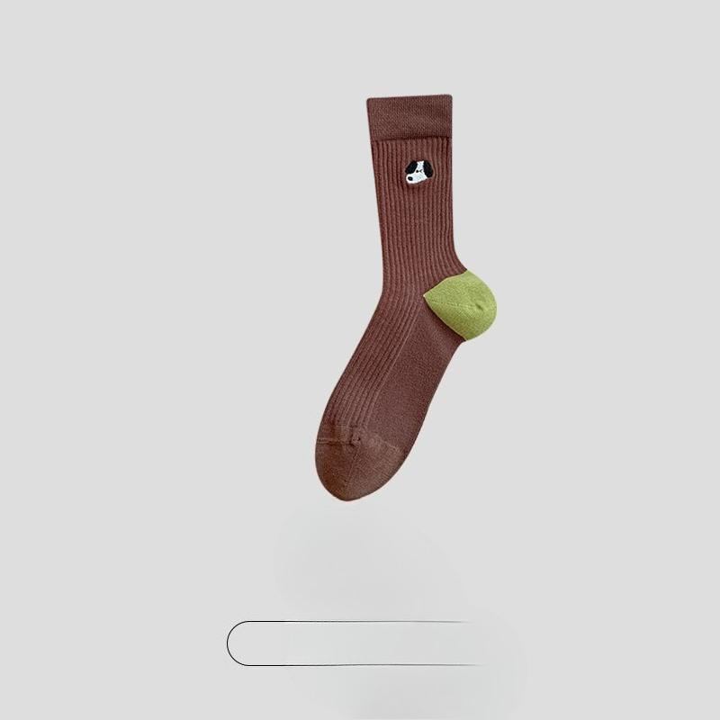 

Женские весенне-осенние милые носки из махры с вышивкой собаки 1 pair кофейный