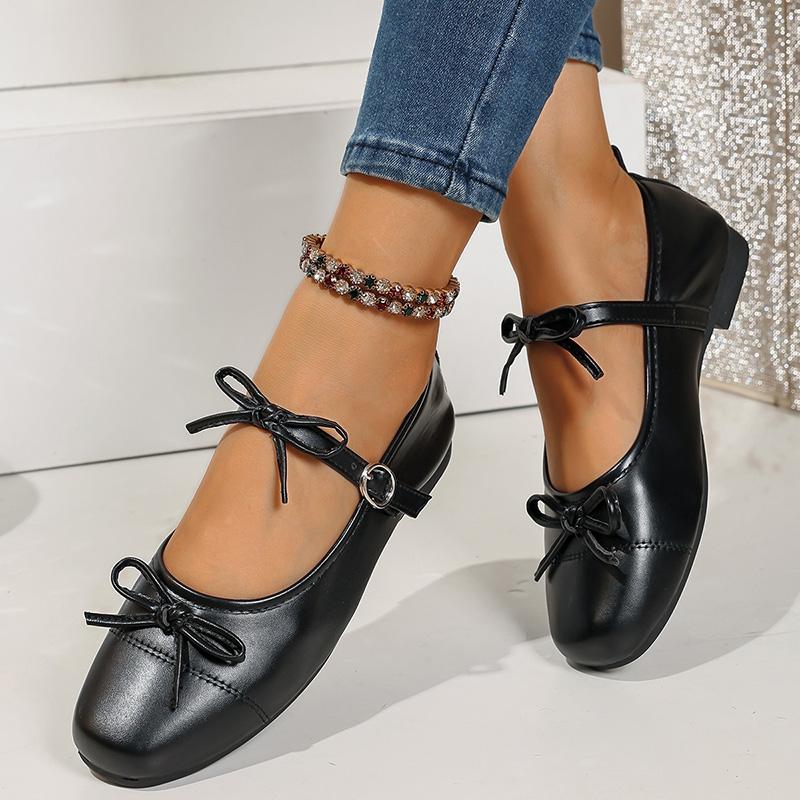 Fashion Fashion Bowknot Decor Flat Heel Mary Jane Shoes for Women Gold Silver Buckle Strap Lolita Shoes Woman Lightweight Comfort Flats