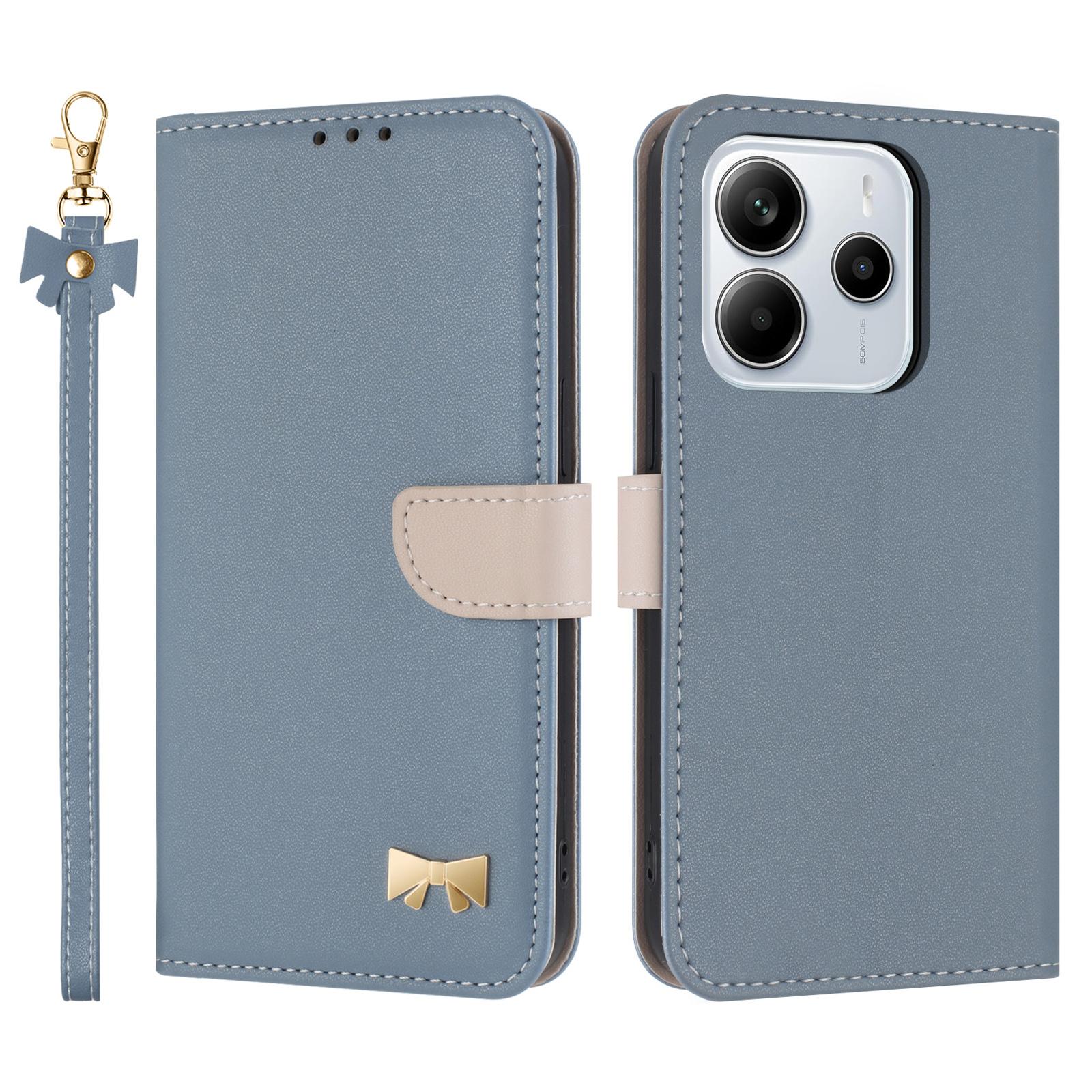 

Для Xiaomi Redmi Note 14 4G (163,25 мм) Чехол Кошелек из Кожи с Декором в Виде Бантика и Ремешком на Запястье Baby Blue