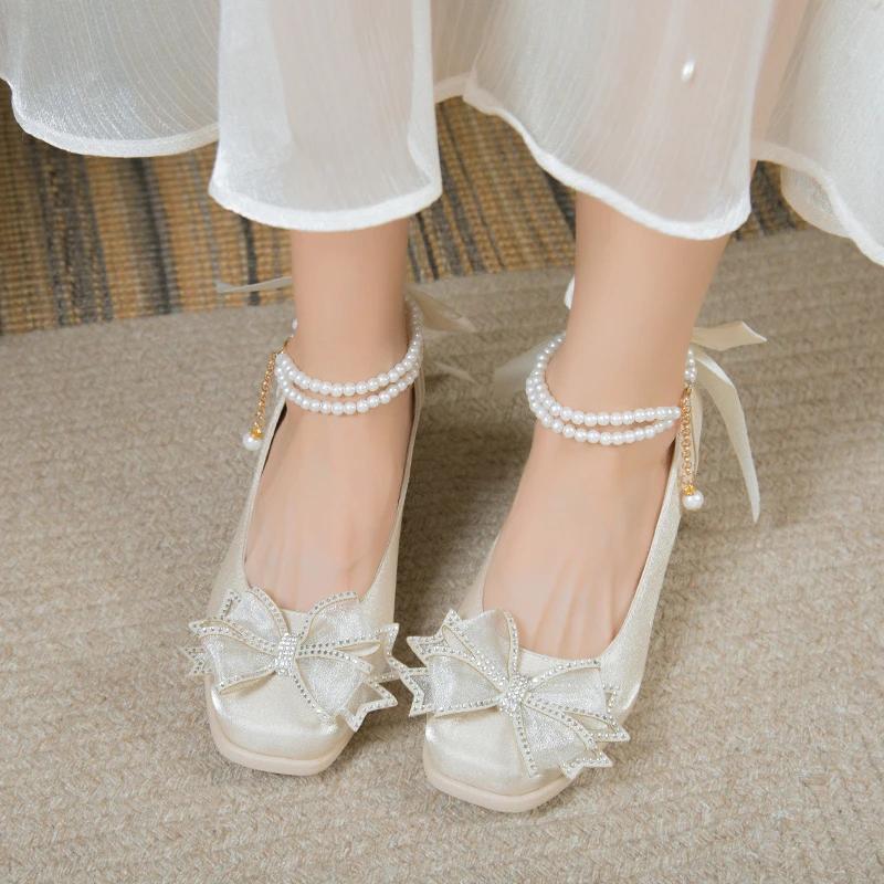 Fashion Elegant Pearls Ankle Strap Pumps Women Spring 2025 Square Toe Crystal Buckle Mary Janes Woman High Heels Party Wedding Shoes 40