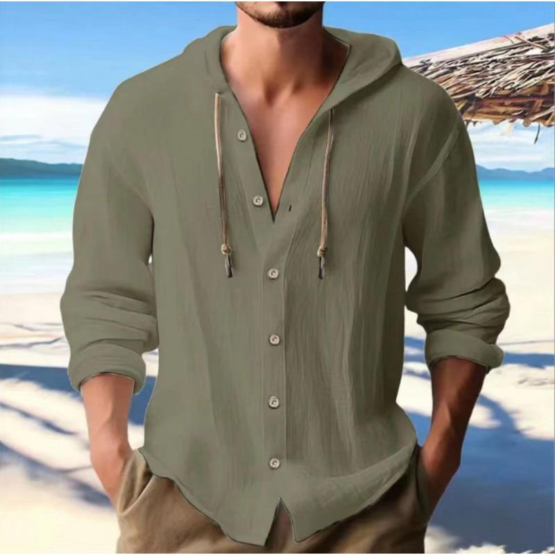 Spring and Summer men's hooded T-shirt solid color linen men's casual long-sleeved top