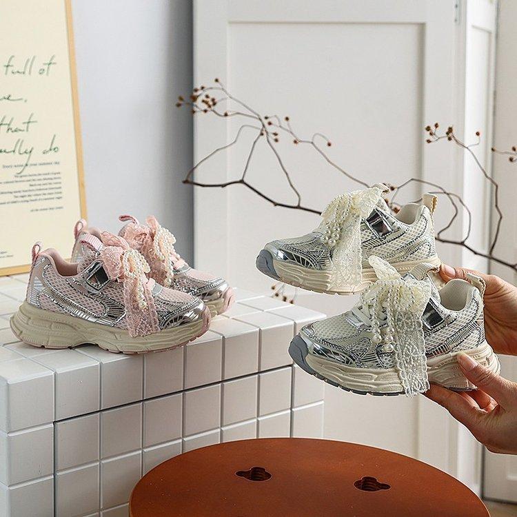 Korean version of girls' dad shoes lightweight platform pearl lace princess sneakers spring single shoes girls running shoes non-slip