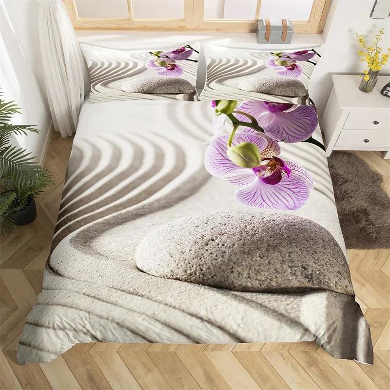 Comforter Zen Stones King Sandy Beach Bedding Set Microfiber Purple Phalaenopsis Comforter Meditation