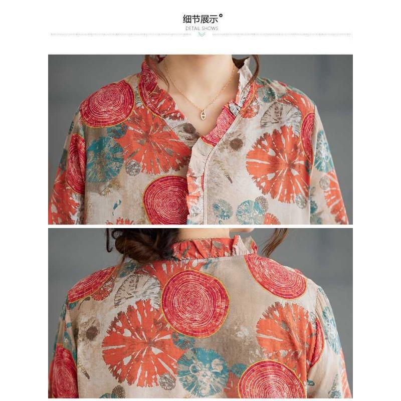 Vintage Printed Loose Lace Long Sleeve Hem Long Dresses