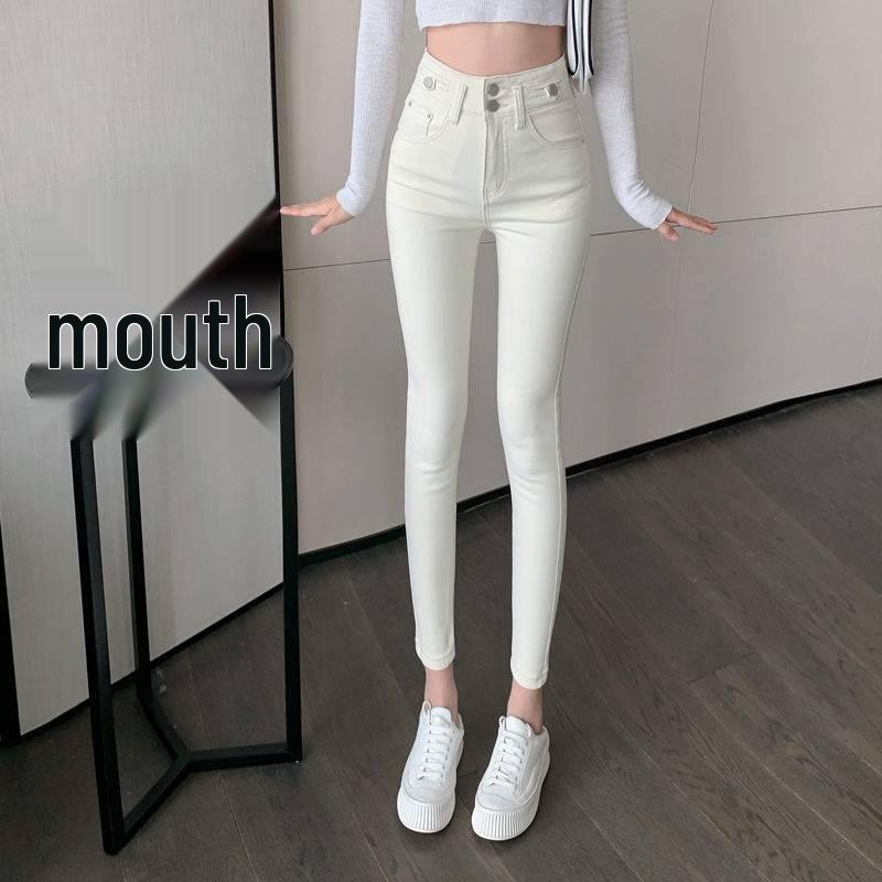 

Women s High-Waist Slim Stretchy White Denim Jeans, Plus Velvet, Versatile & Flattering Skinny Pencil Pants - Autumn/Winter 2025 Trend. S (under 95 lbs)