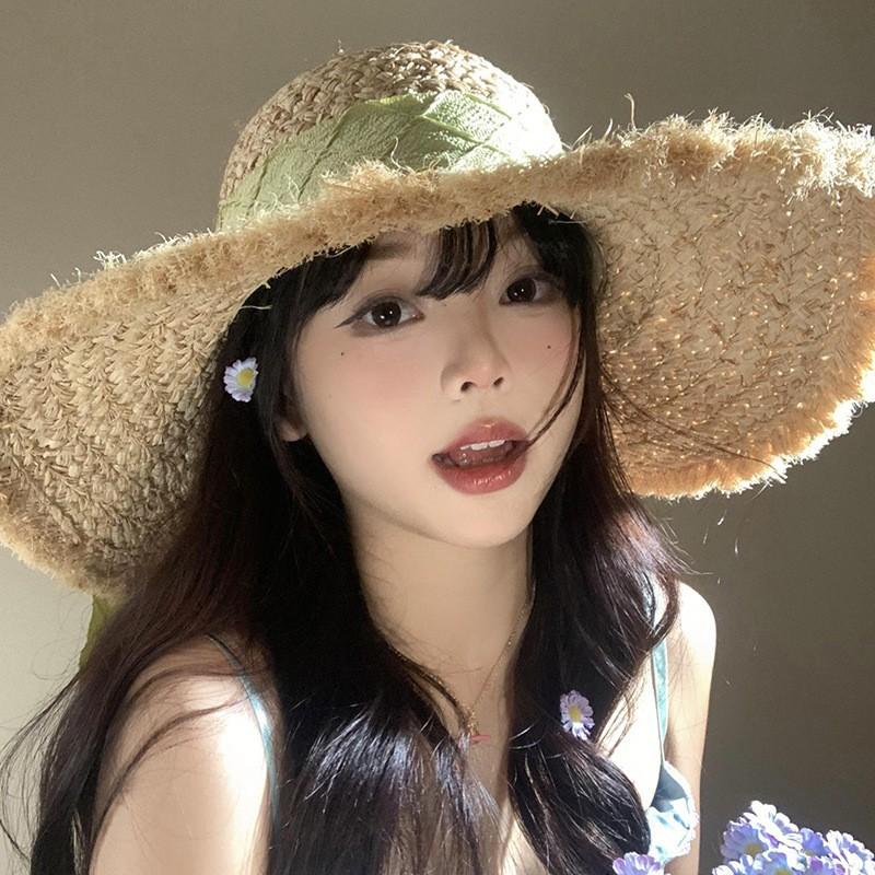 Bow Lafite straw hat women's summer big brim sunshade sunscreen hat seaside beach vacation woven hat