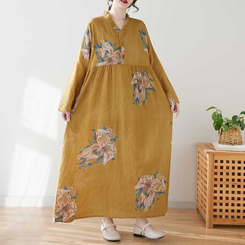 

Настоящая Весна и Лето Новое Ретро Хлопок и Лен Принт Свободное Повседневное Платье с Воротником-Жабо с Длинным Рукавом и Большой Юбкой 2XL жёлтый