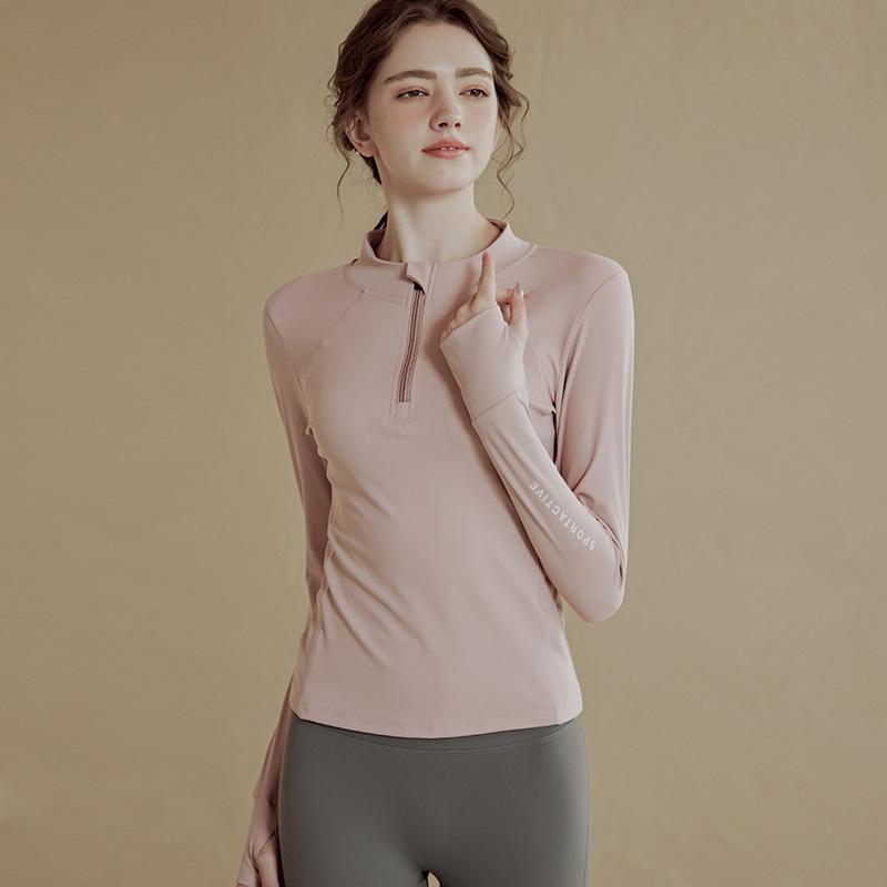Women Half Zipper Yoga Long Sleeve Top Slim Elastic Quick-Drying Breathable Solid Color Top  Gym Athletic Yoga Running Wear
