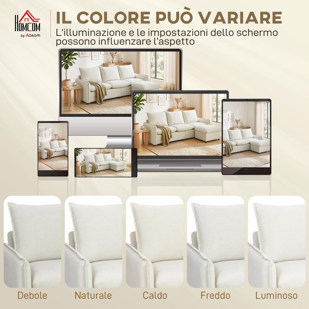 3-Seater Modular Corner Sofa In Breathable Leather-Effect Fabric with Footstool Storage, Cushions, Cream