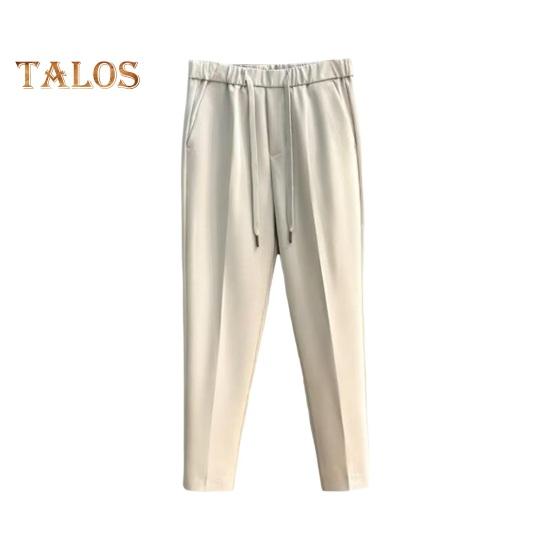 Men Suit Pants Drawstring Elastic Waist Straight Leg Solid Color Loose Formal Business Style Office Wear Trousers Ninth Pants