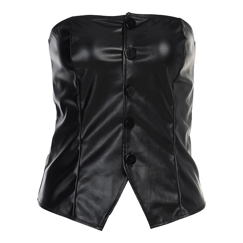 

Piba Yi Европейский и американский INS стиль Женский летний топ с открытыми плечами из короткой ПУ кожи, сексуальный Large чёрный