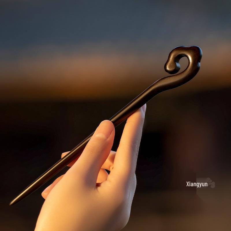 High-End Natural Ebony Wood Hairpin - Extended Chinese Ancient Style Black Hair Bun Accessory