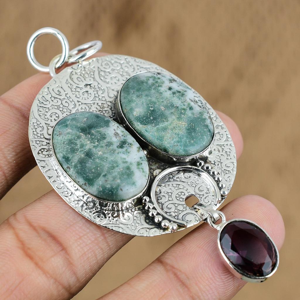 Natural Tree Agate Gemstone Indian Jewelry 925 Sterling Silver Pendant For Women