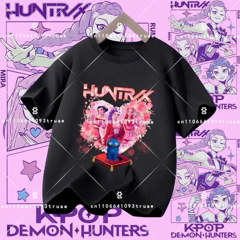 Polyester short-sleeved K-pop Demon Hunter girl cute sports shirt for children aged 1-12. Summer T-shirt. Casual top. Cartoon print