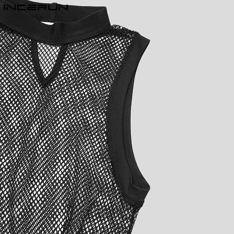 INCERUN Summer Sexy Gym Muscle Men's Fashion See Through Mesh Sleeveless Jumpsuit Singlet Panties Underwear Sweat Suit