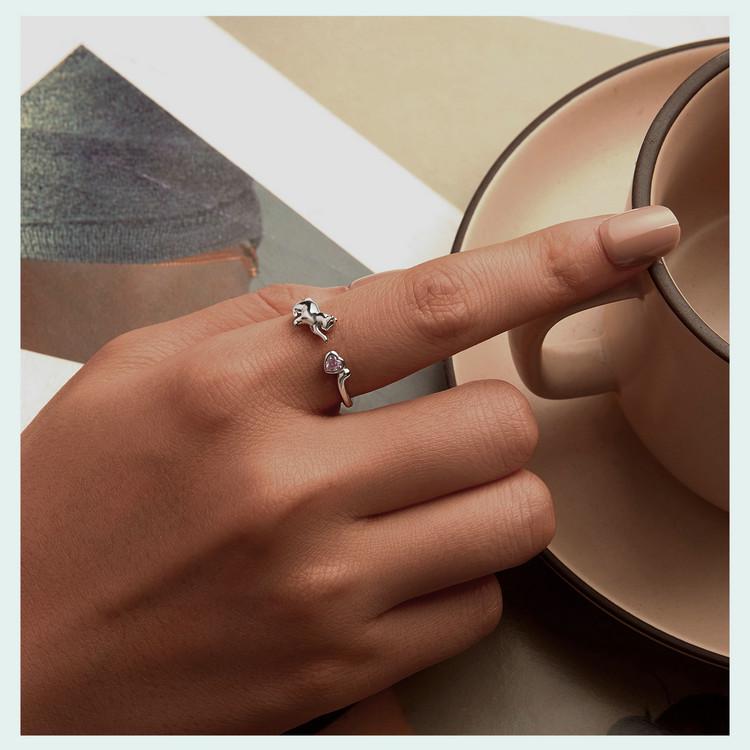 Adjustable Platinum-Plated S925 Sterling Silver Naughty Cat Ring