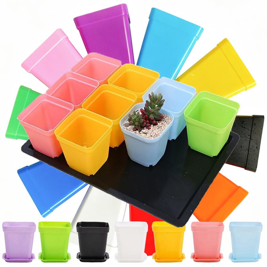 61224Pcs Multicolor Square Flower Pot With Tray Office Indoor Outdoor Decor Flower Beds Garden Nurseries Plastic Flowerpot Xjm