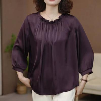 T-shirts Mode Couleur Unie Satin Violet Hauts Amples Décontractés Mères d'Âge Moyen Personnes Âgées