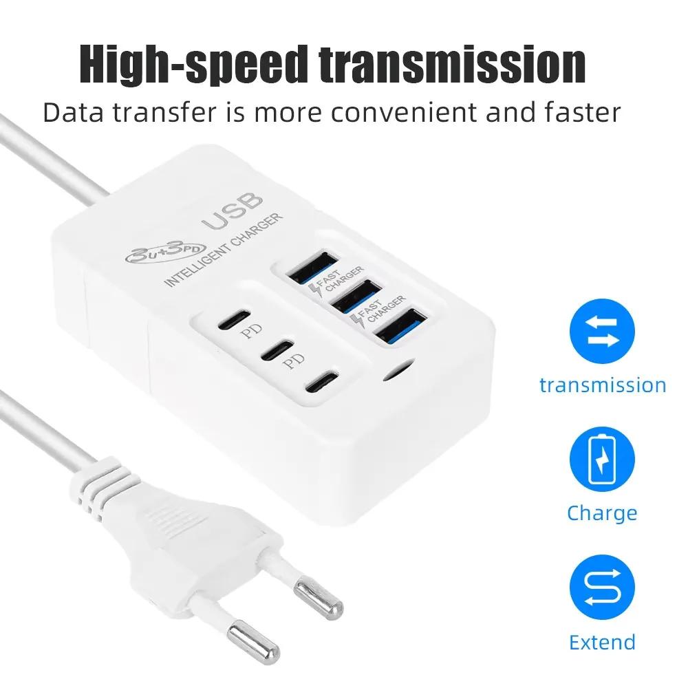 6 IN 1 USB Charger 35W PD Type C Fast Charge Charger Wall Phone Adapter Quick Charger 3.0 USB Hub EU US Plug USB Charger