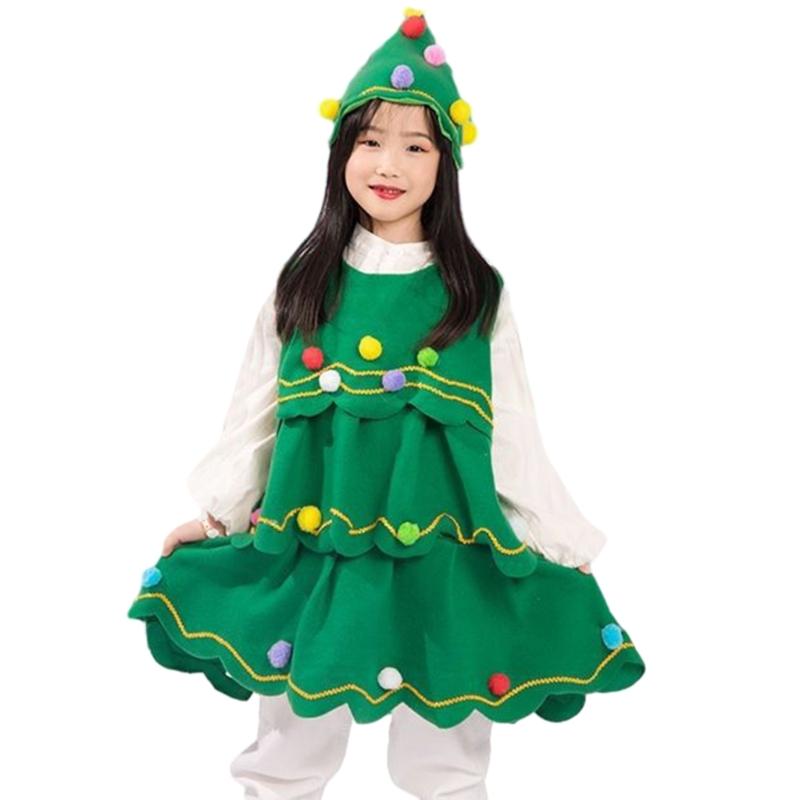 Christmas Tree Cosplay Set Including Christmas Tree Dress and Hat, Children Christmas Tree Cosplay Costumes for Party 130 чёрный
