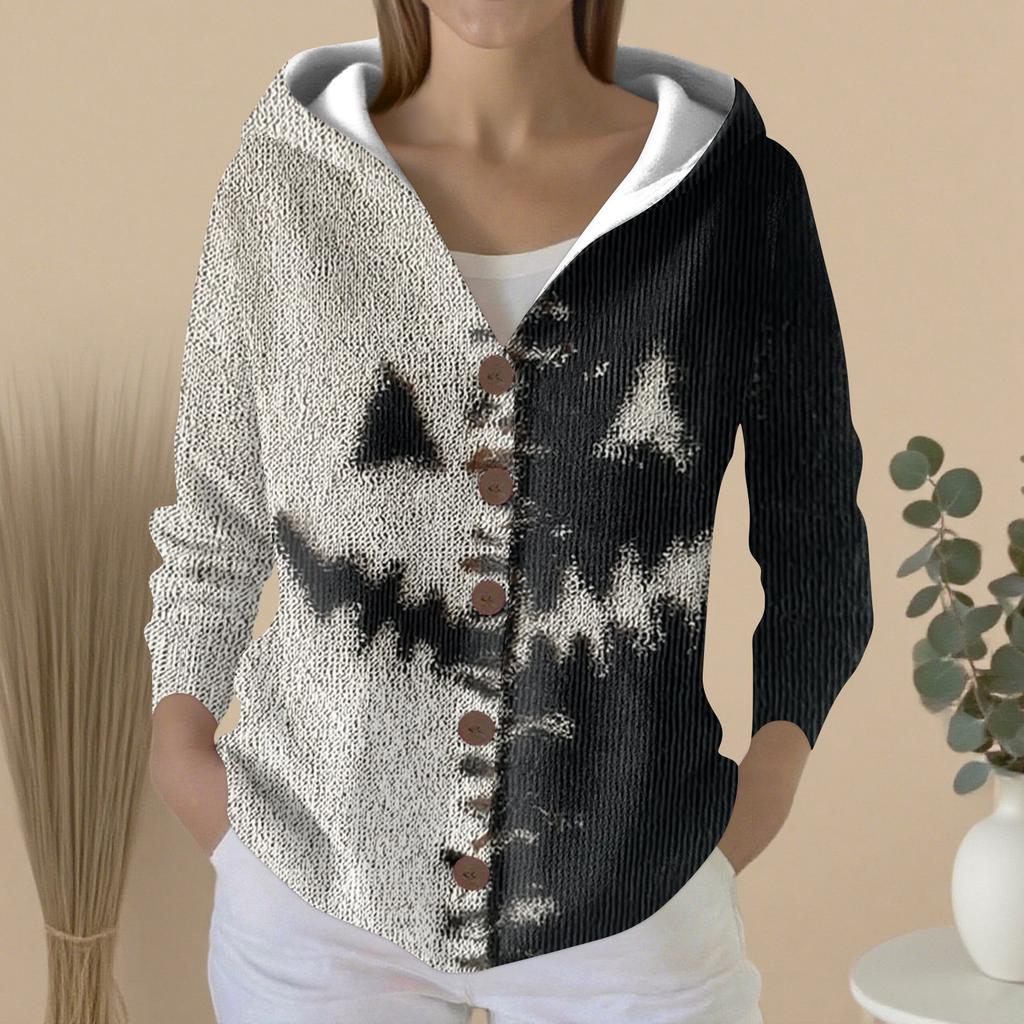 Women's Fashion Casual Sweater Button-Up Print Cardigan  Hooded Jacket