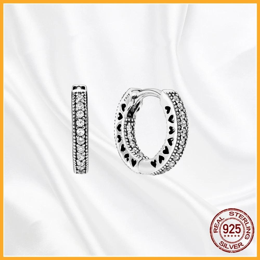 925 Silver Heart Hoop Earrings Sparkling Original Jewelry Gift for Women