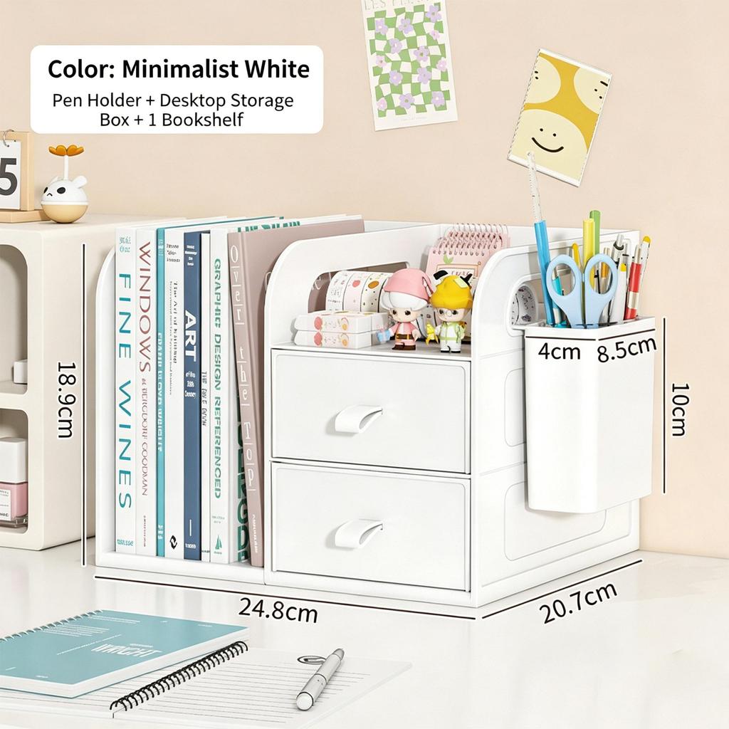 Desktop Bookshelf Organizer with Drawers and Pen Holder Desk Storage Caddy for Office Supplies Books Stationery Home Office School Dorm Desk Organizer