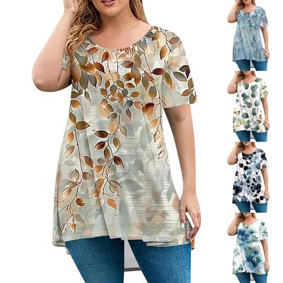 Women's Fashion Large Size Round Neck Short Sleeve Casual Print Loose Pullover Top