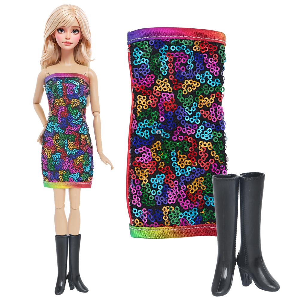 

Модное кукольное платье, блестящее платье для куклы Барби, 11,5 дюймов, мини-платье с пайетками и высокими каблуками, обувь, ботинки, детские игрушки, аксессуары, подарок