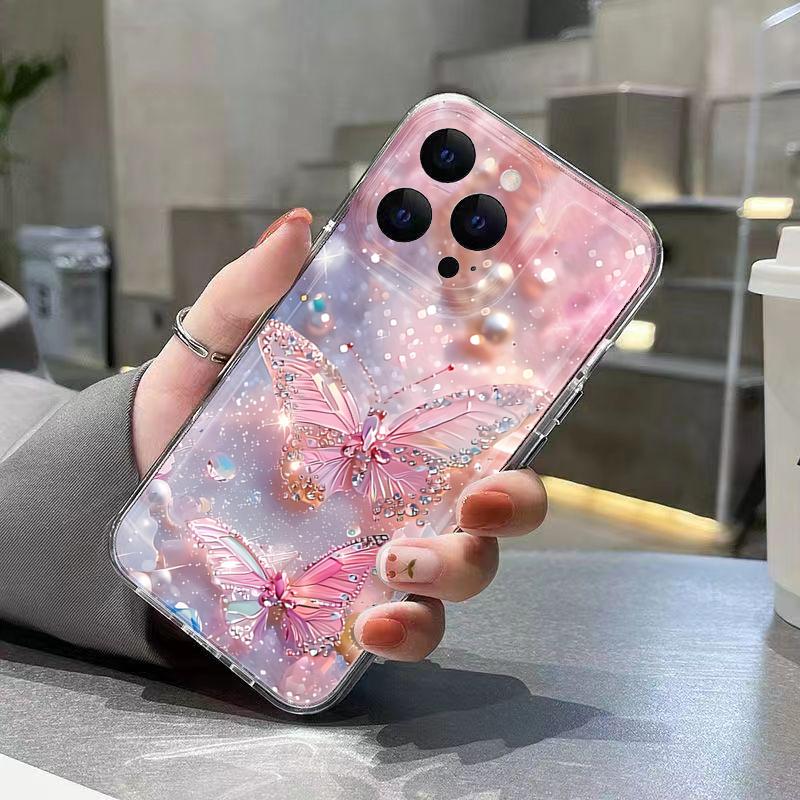 Phone Case For Xiaomi 13 12 11 Lite 5G 14 13 14T 13T 12T For Xiaomi 17 Pro Max Diamond Pearl Butterfly Pattern Transparent Cover