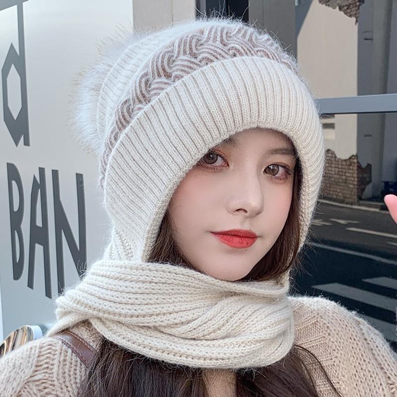 New Winter One-piece Knitted Hat Women's Thermal Hat Fleece Thickened Snow Hat Scarf Integrated Ear Protection Wool Hat