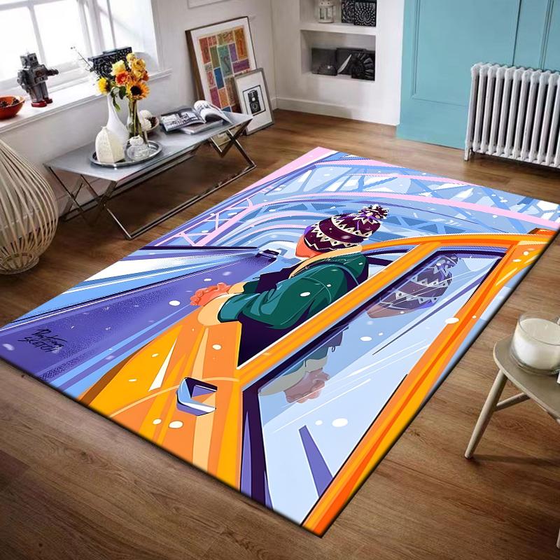 Flannel Rug Person Leaning Out Taxi Window Bridge Snow Pastel Travel Art Area Rug Living Room Bedroom Office Decor