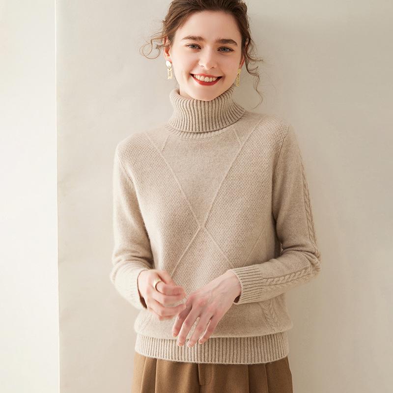 Cashmere Women's High-Neck Diamond Pattern Knit Sweater - Thickened Base Layer for Autumn/Winter Fashion