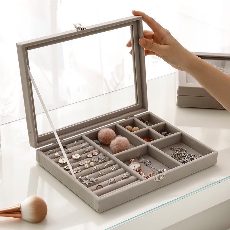 Pink Flocked Portable Jewelry Box with Lid - 316-Grit Dustproof Glass Ring & Earring Display
