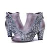 Johnature Women's High Heel Boots Handmade Genuine Leather Splicing Printed Thick Heel Short Boots