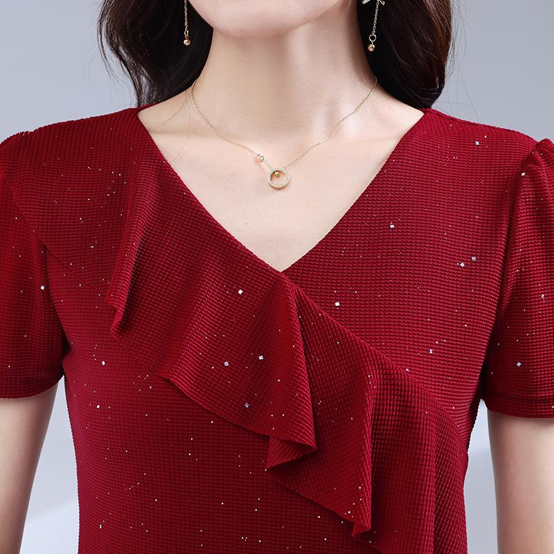 V-Neck Ruffled Short Sleeved T-Shirt Women's Summer Slim Solid Color High Strecth Mesh Tops Blusas
