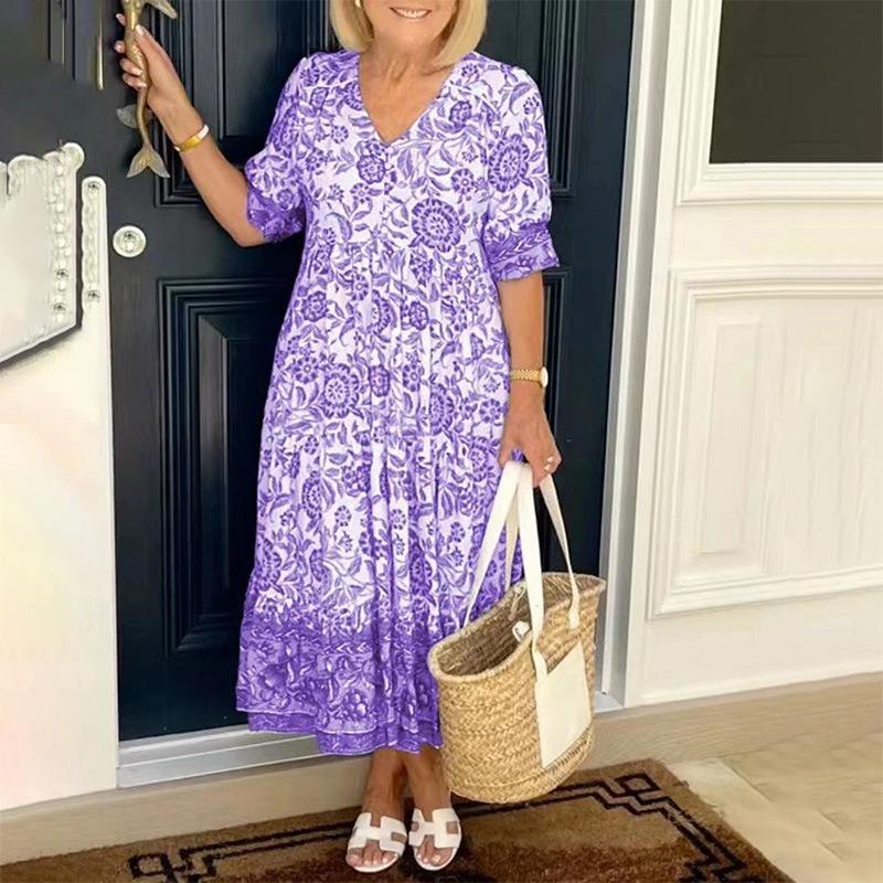 

Літня жіноча сукня з квітковим принтом із коротким рукавом і великим розміром, модна елегантна вільна повсякденна сукня з V-подібним вирізом, жіноча вінтажна сексуальна клубна сукня, жіночий одяг 25030 5XL фіолетовий