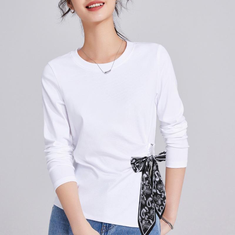 Premium Sense Front Shoulder Long Sleeve Women's Spring and Autumn New Silk Scarf Strap Top T-shirt Women