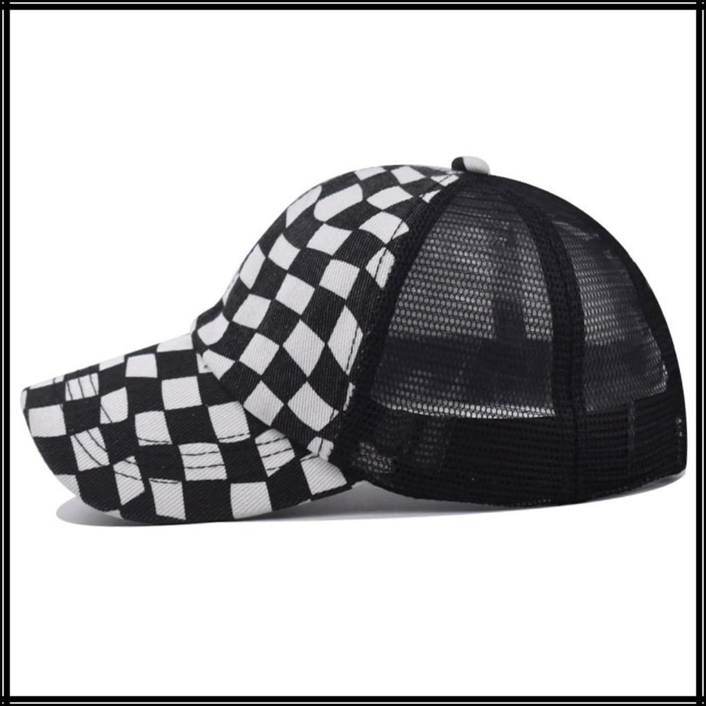 Baseball Checkered CZA463 [White Fang] Hat, Cap, Cap, Mesh, Pattern, Breathable, Adjustable, Casual, Men's, Women's, (Black)