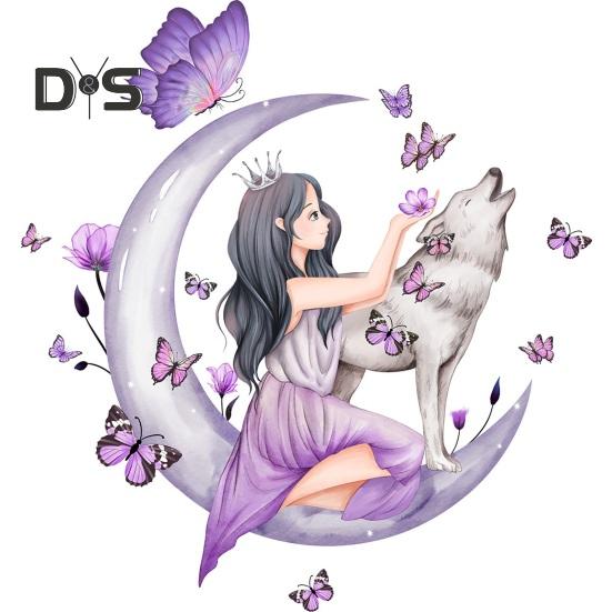 2Pcs/Set Exquisite Wall Art Sticker Detachable Modern Girl Seat On Moon Pattern Wall Stickers