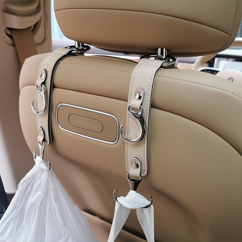 Headrest Hooks For Car Back Seat Organizer Black Faux Leather Hanger Holder Hook, For Hanging Purses And Bags And Coats Grocery Bag Umbrellas Handbag