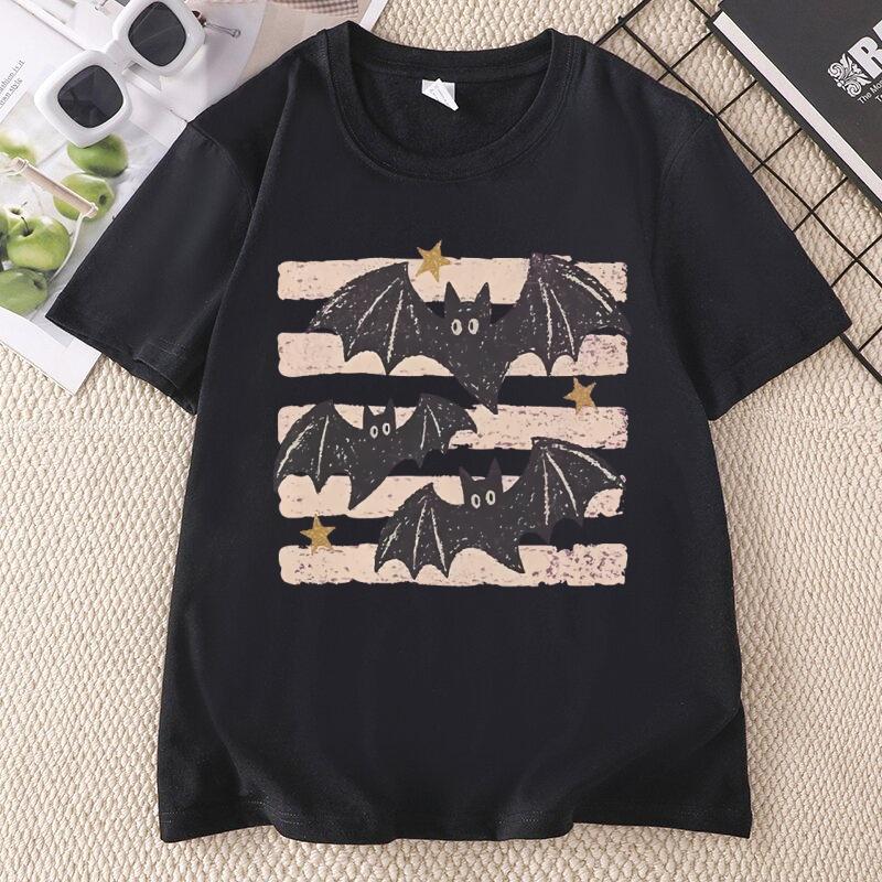 Vintage Bat Halloween TShirt Spooky Season Tee Fall Top Boho Witchy Goth Apparel T Shirts Casual Round Neck Printed Tshirts