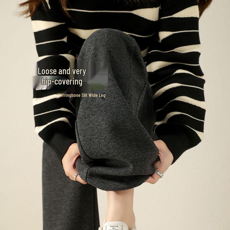 HSTYLE Women s Thickened Wool Blend Herringbone Wide-Leg Cropped Trousers 2XL