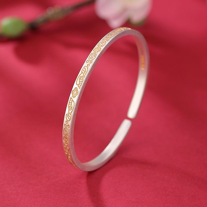 S999.9 Sterling Silver Bohemian Gold-Painted Flower Open Cuff Bracelet