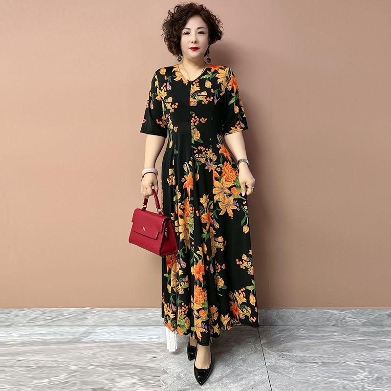 Summer Women's V-Neck Floral Dress Slim Fit Stretch Plus Size Dress Long Casual Dress