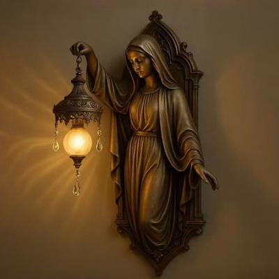Vintage Mermaid Wall Lamp Artistic Home Office Living Room Bedroom Virgin Mary Resin Statue Wall Sconce Decorative Night Light