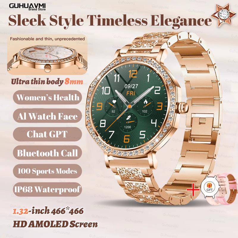New Luxury Diamond Smart Watch For Women 8mm Ultra Thin Body Bluetooth Call Heart Rate IP68 Waterproof Smartwatch Rose Gold