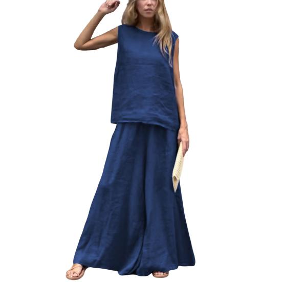 

Женский летний комплект из 2 предметов: майка без рукавов, широкие брюки, повседневный комплект из льна и хлопка для отдыха на пляже XXXL темно-синий