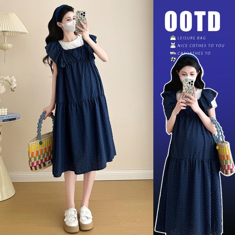 2026 Summer Maternity Two-Piece Set: Short-Sleeve T-shirt & Square Neck Plaid Vest Skirt XL