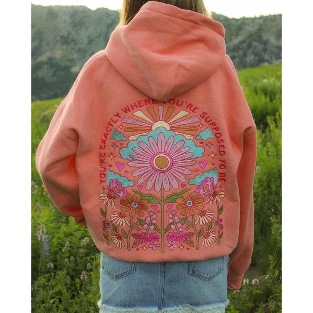 STREETRICH Women's Y2K Floral Letter Embroidered Hooded Pullover Cozy Stylish Long Sleeve Loose Sweatshirts with Kangaroo Pocket